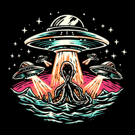 A captivating illustration featuring an octopus being abducted by UFOs in a colorful, retro style. Perfect for lovers of science fiction and vibrant art.のイラスト素材