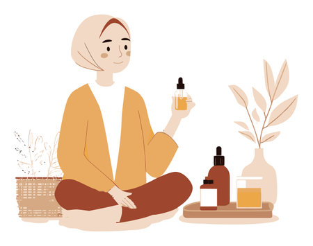 This charming illustration features a woman seated in a serene setting, holding a cosmetic serum. Surrounded by natural elements, it embodies tranquility and self-care.のイラスト素材