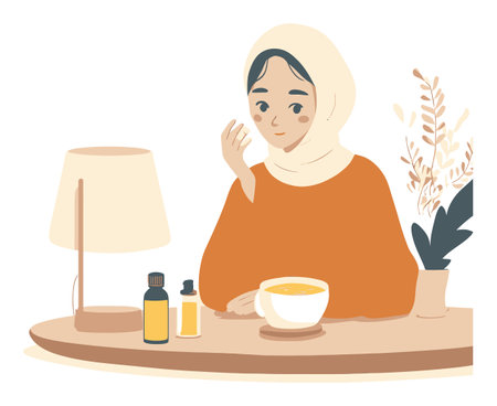 A serene illustration of a woman in a headscarf enjoying skincare products on a cozy table, creating a calm atmosphere perfect for self-care and relaxation.のイラスト素材