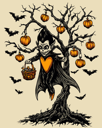 Capture the essence of Halloween with this vibrant illustration of a spooky Dracula character. Surrounded by bats and pumpkins, this artwork embodies the festive spirit.のイラスト素材