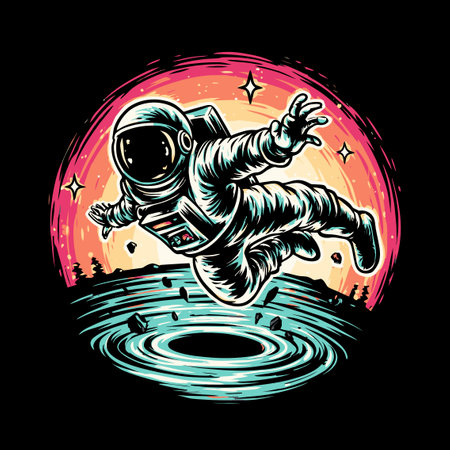 This vibrant illustration features an astronaut floating playfully in space, against a colorful swirling background. Ideal for projects related to exploration and adventure.のイラスト素材