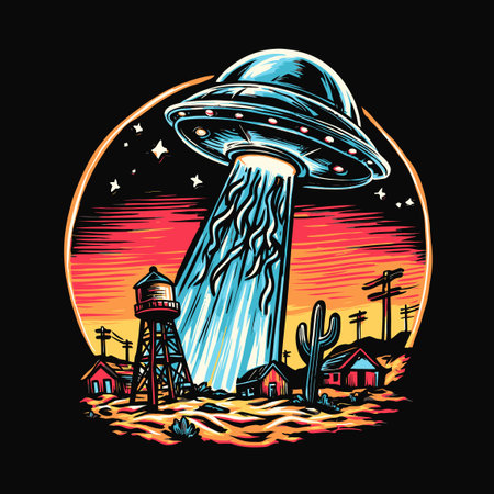 A vibrant illustration of a UFO beaming light onto a desert landscape, featuring silhouettes of cacti and buildings under a starry sky, ideal for sci-fi themes.のイラスト素材