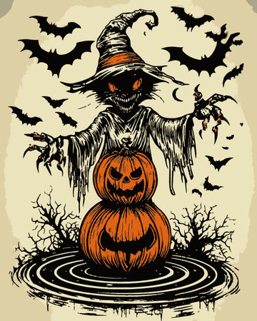 This captivating Halloween illustration features a scarecrow, menacing bats, and grinning jack-o'-lanterns. Perfect for festive decorations and spooky themes!のイラスト素材