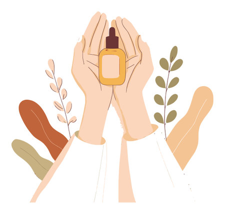 This minimalist vector illustration features hands holding a cosmetic bottle surrounded by leaves. Perfect for beauty and wellness projects in digital and print formats.のイラスト素材