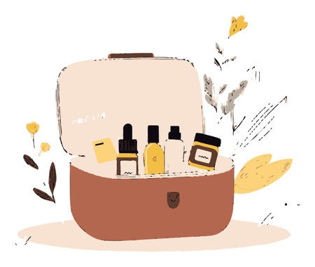 Charming vector illustration of a cosmetic bag filled with various bottles and surrounded by floral elements, perfect for beauty and skincare themes.のイラスト素材