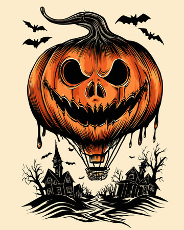 This striking Halloween illustration features a spooky pumpkin hot air balloon, complete with bats and eerie trees, perfect for festive decor or creative designs.のイラスト素材