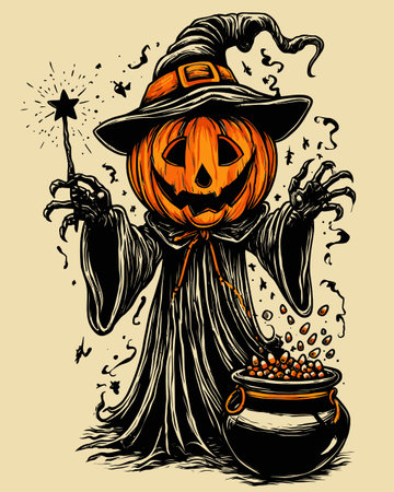 Discover a whimsical illustration of a pumpkin witch with a magic wand and cauldron, perfect for Halloween-themed projects and festive celebrations.のイラスト素材