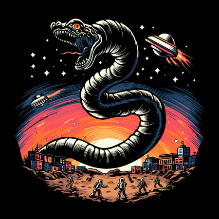 This captivating vector artwork features a snake intertwined with space elements, set against a colorful cosmic backdrop. A unique blend of fantasy and imagination.のイラスト素材