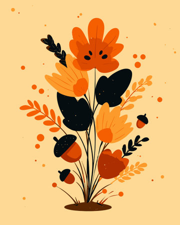 This vibrant floral illustration features a playful arrangement of flowers and leaves in striking orange and black hues, perfect for enhancing any creative project.のイラスト素材