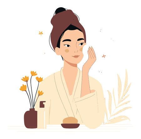 This vector illustration features an elegant woman in a spa setting, applying a cosmetic treatment while surrounded by flowers, emphasizing relaxation and beauty.のイラスト素材