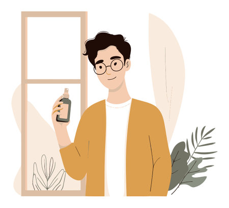 Cheerful young individual holding a cosmetic bottle, set in a modern home interior. This illustration emphasizes beauty and self-care in a stylish environment.のイラスト素材