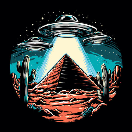 Experience an imaginative blend of extraterrestrial themes with pyramids and cacti in this vibrant vector artwork. Perfect for science fiction enthusiasts!のイラスト素材
