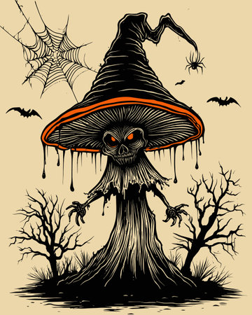 Discover a chilling Halloween illustration featuring a spooky skull-shaped pumpkin wearing a creepy hat, surrounded by bats and a web. Perfect for seasonal themes!のイラスト素材