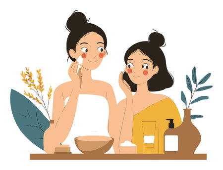 A charming vector illustration of two women enjoying a skincare routine, featuring fresh ingredients and beauty products, perfect for wellness and beauty themes.のイラスト素材