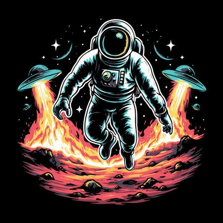 Captivating vector art features an astronaut amidst a fiery cosmic scene, surrounded by UFOs and stars. Perfect for science fiction and adventure themes.のイラスト素材