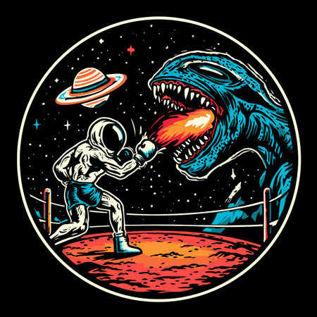 An exciting vector illustration depicting an astronaut boxing a monster in space with flames. Perfect for creative projects and imaginative themes.のイラスト素材