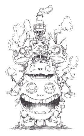 This hand-drawn doodle showcases a whimsical robot character with a playful expression, surrounded by intricate machinery. The black and white sketch highlights creativity and imagination, ideal for art enthusiasts.のイラスト素材