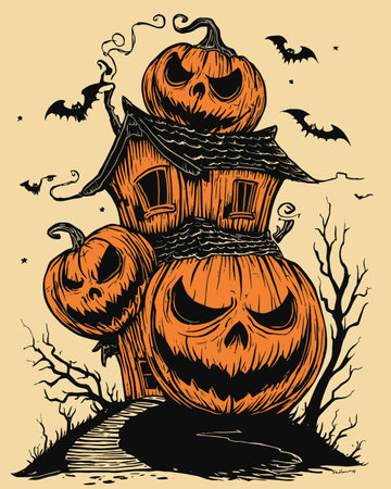 Discover a captivating illustration of a spooky pumpkin house perfect for Halloween, featuring intricate details and a playful design that enhances festive decor.のイラスト素材