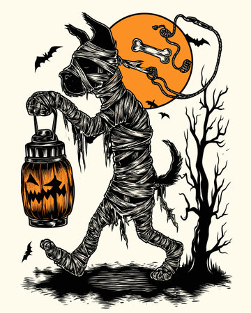 A whimsical illustration of a mummy dog carrying a pumpkin lantern under the moonlight, surrounded by bats and a spooky tree, perfect for Halloween themes.のイラスト素材