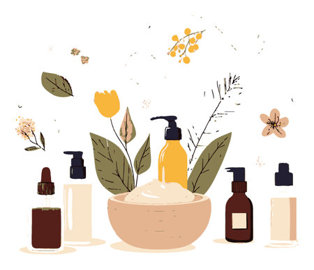 A vibrant illustration featuring an assortment of cosmetic products surrounded by natural elements and flowers, perfect for beauty and skincare marketing themes.のイラスト素材