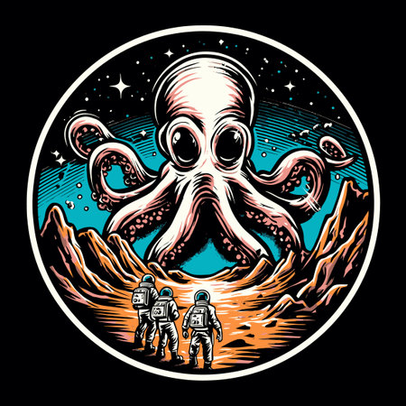 This vibrant vector art features a whimsical octopus surrounded by astronauts exploring a surreal alien landscape. Perfect for imaginative projects!のイラスト素材