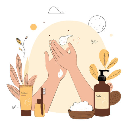 An artistic illustration featuring hands applying cream, surrounded by various cosmetic products, foliage, and gentle colors, perfect for promoting wellness and beauty routines.のイラスト素材