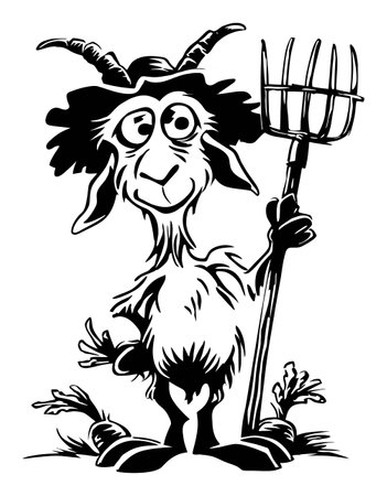 A charming hand-drawn illustration of a goat holding a pitchfork, showcasing a playful character. Ideal for farm themes, children's media, or whimsical designs.のイラスト素材