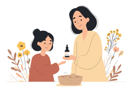 Heartwarming illustration of a mother and daughter sharing a cosmetic product, highlighting beauty and care, surrounded by natural elements and flowers.のイラスト素材