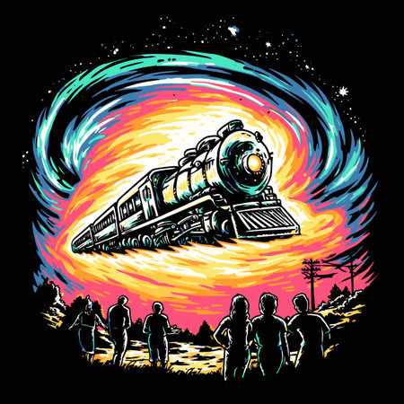 This vibrant vector art features a vintage train navigating through a cosmic swirl, surrounded by silhouetted figures under a starry night sky.のイラスト素材