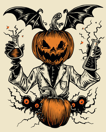 This illustration features a spooky pumpkin character dressed as a scientist, complete with bats and laboratory beakers. Perfect for Halloween-themed designs and decorations.のイラスト素材