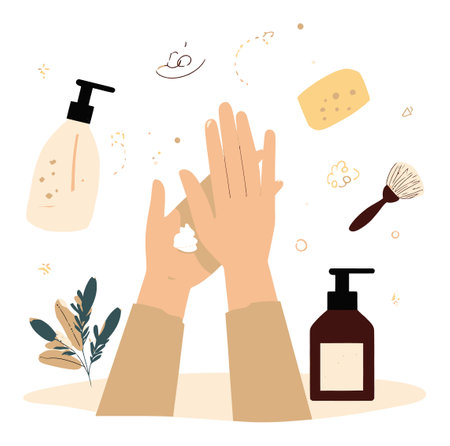 This charming vector illustration showcases hands applying cream surrounded by various cosmetic products, perfect for beauty and skincare themes in your project.のイラスト素材