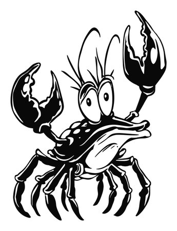 This hand-drawn vector illustration depicts a playful cartoon crab character, full of personality. The black and white design is perfect for various creative projects.のイラスト素材