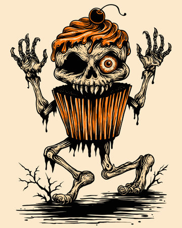 This striking artwork features a whimsical skeleton cupcake character, perfect for Halloween themes, showcasing a fun and spooky vibe with a unique design.のイラスト素材