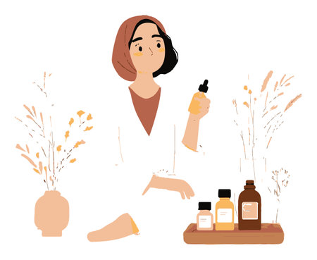 A charming illustration of a girl holding a beauty product surrounded by natural elements. Perfect for wellness, skincare, or cosmetic themes in a minimalist style.のイラスト素材