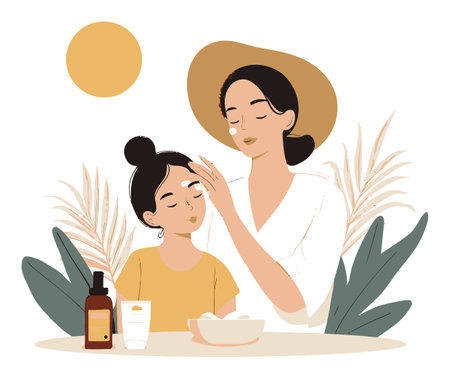A warm illustration of a mother applying skincare on her daughter, set against a serene natural backdrop. Perfect for beauty and wellness themes.のイラスト素材