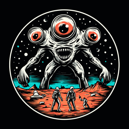 An imaginative illustration featuring astronauts encountering a colorful alien in a cosmic...