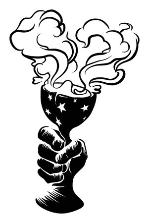 This hand-drawn vector illustration depicts a captivating cup with swirling smoke and stars, ideal...