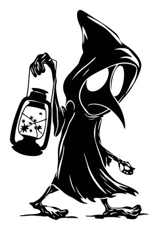 Explore this intriguing hand-drawn vector illustration of a mysterious cloaked figure holding a lantern, evoking a sense of adventure and dark fantasy.のイラスト素材