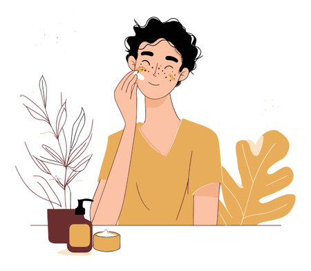 A stylish illustration of a young individual applying skincare, surrounded by plants. This artwork embodies calmness and wellness, perfect for beauty and self-care themes.のイラスト素材