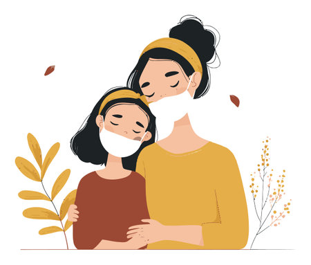 This heartwarming illustration features a mother and daughter embracing while wearing masks, surrounded by autumn elements. Perfect for themes of family love and health.のイラスト素材