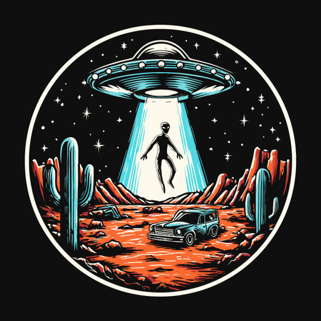 Discover a captivating illustration of an alien encounter in a desert landscape featuring a spaceship, cacti, and a vintage vehicle. Perfect for sci-fi fans!のイラスト素材