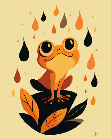 A whimsical cartoon illustration of a cheerful frog sitting on leaves with colorful raindrops in an autumn palette, creating a playful and vibrant scene.のイラスト素材
