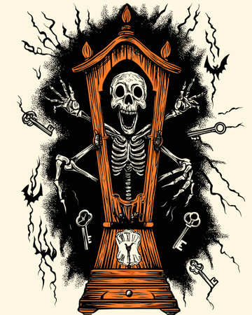 Enjoy this captivating Halloween illustration featuring a joyful skeleton emerging from a clock surrounded by keys and bats. Perfect for spooky decor!のイラスト素材