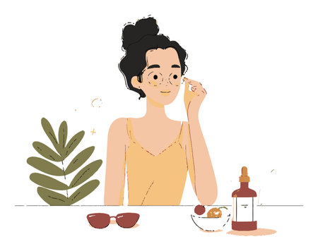 This charming vector illustration depicts a joyful woman applying skincare products, embodying beauty and wellness. Perfect for cosmetic themes.のイラスト素材