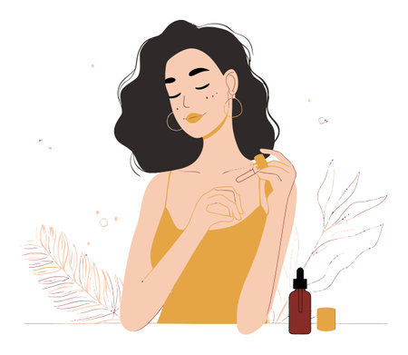 A stylish vector illustration of a woman applying a cosmetic serum, reflecting beauty and self-care in a chic and minimalist design. Perfect for wellness themes.のイラスト素材