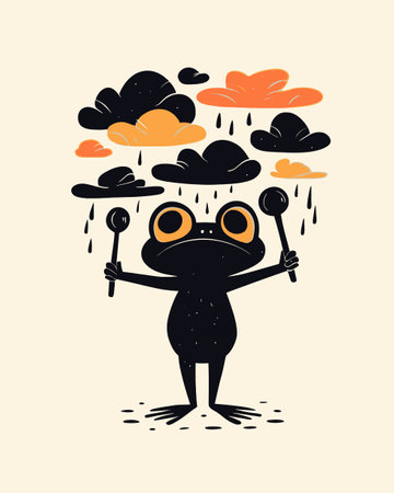 A whimsical cartoon frog character holds sticks while colorful clouds and raindrops surround it. The illustration showcases creativity and emotion, perfect for playful art.のイラスト素材