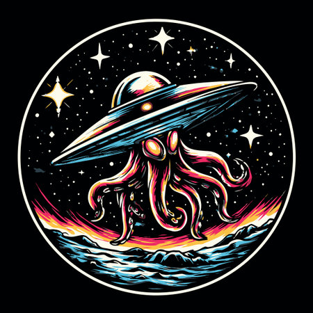 Vibrant vector illustration of an octopus-like alien emerging from a UFO against a starry space backdrop. Ideal for fantasy and sci-fi themes.のイラスト素材