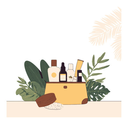 This artistic illustration features a collection of cosmetic products neatly arranged in a stylish organizer, surrounded by lush greenery. Perfect for beauty and wellness themes.のイラスト素材