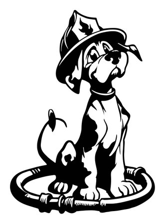 This charming hand-drawn vector illustration features a cute dog wearing a firefighter hat, perfect for children's designs or playful themes.のイラスト素材