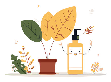 This adorable illustration features a happy cosmetic bottle surrounded by vibrant leaves and plants, perfect for promoting wellness and beauty themes in designs.のイラスト素材